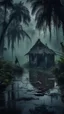 Placeholder: A swamp surrounded by bamboos long trees in cloudy, depressing, foggy, with a dim of light in the distance , there.is an abandoned cottage covered with leaves. A close look of strange scary creature sitting outside the cottage, a crocodile in the water and black crows