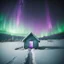 Placeholder: analog film minimal liminal icy a frame dimly lit cabin front elevation squared off and centered with icy trees behind and brilliant purple green aurora borealis - foreground is simple snowy field