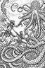 Placeholder: coloring pages for kids, 3 beatifull merman warriors fighting against a big octopus underwater, 8k, hyperdetailed, cinematic, 3d render, photo. cartoon style, thick lines, low detail, black and white, no shading, --ar 85:110