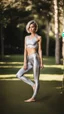 Placeholder: anorexic yoga woman, androgynous, model body, satin silver leggins, short satin silver yoga top, medium length wavy bob haircut, head and body towards camera