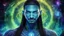 Placeholder: beautiful gorgeous young man na'vi with long hair, Avatar, blue skin, two small ears, green eyes, black hair, in cosmic suit, galactic ambiance, medium pointy goatee , smiling, nebulas and sacred geometry light figures on the backgroud,