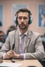 Placeholder: A simultaneous interpreter is sitting at a table with headphones with a microphone on his headphones at a foreign briefing, the background is blurred, everything is in pastel colors,