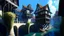 Placeholder: medieval buildings with balconies overhanging a river, blue sky and people, photorealism, trees, foliage, piers, ultra-sharp image, sharp focus