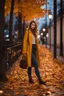 Placeholder: night yellow lights over the street trees autumn leaves under feet ,a Student adult girl with books in her hand walking in street looking to camera