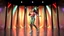 Placeholder: beautiful lady with to days modern clothing and sport shoes curvy long hair, in modern stage made of 3d fractal random size recursive objects with helical strip colors in clothing similar to environment full body dancing to camera,animating background metallic random color size recursive objects