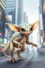Placeholder: transparent gremlin sleek alien dinosaur weasel with cute fur, in big cyberpunk city crossover, volume light and motion blur, airbrush and pen outline in background only