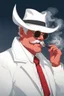 Placeholder: An old very red crimson devil wearing a white and gold police comisioner outfit, he is also wearing glasses, he has a white scruffy mustache, and a small black fedora, he is also smoking a cig.