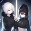 Placeholder: Clear focus,High resolution,High quality, Two girls, One with a hood one, Both have short or medium hair length, they both are wearing a black hoodie with a white skull drawn on it