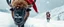 Placeholder: creature with eyes of hound bison reindeer yoga man with the snow flake pattern in the pupils in running in the snow in the snowy mountain with santa