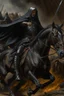 Placeholder: Oil painting of a king poked on his black horse and wearing full black and fur Raset battle and those around him fighting Photorealistic