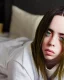 Placeholder: Billie Eilish, full body, on the bed, pale skin, high detail, realistic, 8k, not to be distinguished from a photo, identical pupils