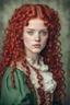 Placeholder: girl with green eyes, freckles, with long blood red curls, dressed in humble clothes from the 18th century