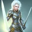 Placeholder: D&D cleric, female, platinum blonde hair, smiling, teal armor, gold eyes