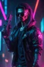 Placeholder: male cyberpunk solo with long hair, korean, Wearing Urban Gang Flash and mirrored dark sunglasses, and gun, headaphone, strong cyber warrior, black tatoo, attrakvtive man, Retroanime, rembradt lighting, neon complementary colors, dark vibe, scifi