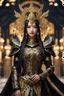 Placeholder: Realistic photography,front_view, (1Queen, looking at viewer), black long hair,traditional dress ornaments mechanical_armor, intricate armor, delicate golden filigree, intricate filigree, black metalic parts, detailed part, dynamic pose, abstrac background, dynamic lighting