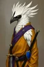 Placeholder: Picture of a aarokocra, with white feathers but a stripe of black feathers that run over his eyes. He is dressed in monk's style, with a robe of gold, a sash of purple, and a black cloth belt. He bears a longsword in a sheathe at his hip, with a hilt that is plain but bears a single emerald on the pommel. He wears a small badge on his belt; the badge is shaped like a blue shield.