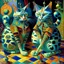 Placeholder: prompt, Fantasy harlequin cats by Louis Wain, by Catherine Abel, by Gediminas Pranckevicius, fantasy, oil on canvas, beautiful, high details, ultra detailed, crisp quality, colourful, high definition