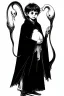 Placeholder: 7 year old boy, necromancer, friendly, looks dead,with a long lamprey emerging from his belly , wearing black robes, with the lower body of a ghost in the style of Harry Clarke