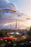 Placeholder: ufo rainbows, cité cristal très futuriste ultra moderne, ufos fleet, intergalactic, dômes de cristal, beautiful gardens , flowers