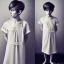 Placeholder: Russian short hair beautiful tomboy boyish boylike short man's haircut boyish features shortcut in black girlish nightgown in hotel wedding night