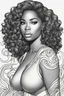 Placeholder: Create a coloring page of a beautiful curvy black female looking to the side with wavy hair. No shading, No color, clean lines