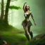 Placeholder: upper body of yohan diniz pointing fingers, fast walker, as a young cute feminine woman, short hair, green forest background, stream, mega flowers, dusk, 100 fireflies, table