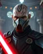 Placeholder: heavily scarred head bald male corellian jedi wearing gunmetal grey and black old republic armored flightsuit and breath mask with gold and metallic red trim inside the jedi temple, centered head and shoulders portrait, hyperdetailed, dynamic lighting, hyperdetailed background, 8k resolution, volumetric lighting, light skin, fully symmetric details