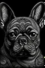 Placeholder: A hyper-realistic French bulldog drawn using lines that look tribal, black background