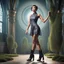 Placeholder: A full-body shot of a beautiful lady wearing beautifull tight pants and pretty color short dress with short boots ,short hair,idle pose in recursive 3d fractal hall