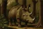 Placeholder: A dark brown rhino in a forest painted by Albrecht Durer