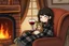 Placeholder: cute chibi brunette woman by the firelight, wrapped in a plaid blanket, curled up in an armchair with a tabby cat on her lap, drinking red wine from a glowing glass, S<AI, charcoal