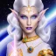 Placeholder: cosmic mage, elf, female, cosmic magic, long ears, white hair, face details, pale skin, jewellery, broad shoulders, sharp ears, star clothes, cosmic eyes, ears shown, the cosmos in eyes, shining eyes, thin face, detailed ears, magical eyes, closed mouth, make up, smiling face, happy face, pointy ears