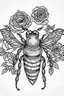 Placeholder: bee with roses idea, line art, background, vector, svg, black outline on white background, leave plenty of white space beetween lines for coloring, tattoo style, tattoo idea,full body, minimalist