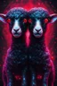 Placeholder: Comic book art style two headed lamb with red eyes, digital portrait, dark fantasy, black iridescent skin, holographic, shiny, PVC texture, wet look, anime, gothic