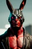 Placeholder: Medium Close Up Portrait, Front image. cyberpunk, rabbit mask helmet, strong man, titanium hair. Leather suit. Black, red, color. Hellboy style. Color background, photo studio. Avatar image, highly detailed, concept art, smooth, unreal engine 5, ray tracing, RTX, lumen lighting, ultra detail, volumetric lighting, 3d, finely drawn, high definition, high resolution.