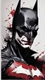 Placeholder: poster in two gradually, a one side half face Batman dark tones and other side half face Joker darkred tones, painting by Yoji Shinkawa,