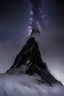 Placeholder: looking up from below at one single mountain sharp face rises out of the misty foreground into the night sky background.