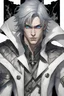 Placeholder: A 3d tan skinned male half elf half human assassin with piercing blue eyes wearing a white trench coat with leather armor underneath and has black hair as dark as the night and a small smirk