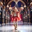 Placeholder: a 2 years old girl in modern clothing and makeup dancing with cute and joy with pertty boots in a modern royal hall