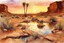 Placeholder: Amazing sunset, rocky arid land, puddle, rocks, mountains, cliffs, sci-fi, weeds, fantasy, john singer sargent watercolor paintings