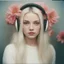 Placeholder: 2090s Polaroid head shot of a stunning young platinum straight haired woman,with freckles on her face, hair adorned with big flowers, red cheeks and nose, headphone