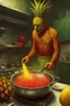 Placeholder: fever dream, yellow - red - green color scheme, hallucinatory color pen complex illustration, surreal lovecraftian pineapple man cooking in kitchen, dramatic volumetric lighting, splash art, concept art, noir, by Vladimir Kush assisted by Zdzislaw Beksinski, sinister, nightmarish