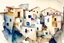 Placeholder: abstract geometric watercolour of a Greek village on rough textured bumpy plaster wall