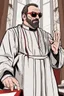 Placeholder: judgmental priest wearing sunglasses who looks like Hans Gruber red comic book style