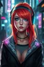 Placeholder: a pretty cyberpunk girl, bright hair, storyteller and dreamer, young, futuristic, dystopia