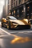 Placeholder: creates a concept supercar in '70s style with a retro-futuristic bodywork in gold and black on a street of New York, with a bright sky