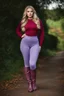 Placeholder: beautiful 18 year old girl with ash blonde hair and blue eyes with her curvy hair down, wearing a long-sleeved woollen top, and lilac long leggings, with long red boots full body shot