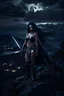 Placeholder: A BEAUTIFUL GIRL, BLACK LONG HAIRED, BIG BUB, NICE BODY, DRESSED A BLACK ARMOUR, WARRIOR AND AMAZON WOMAN, STAY ON TOP OF MPOUNTAIN, MOONSHINE AND FAIRY TURN AROUND HER, DARK NIGHT BACKGROUND,