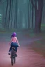 Placeholder: a young girl in blue jeans and a pink shirt riding a bicycle on a dirt path in the forest at midday