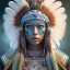 Placeholder: war painted pueblo Indian female,detailed eyes, blue eyes,, disturbed expression.intricate detaile,thnically accurate face, intricate head dress, detailed make-up, detailed turquoise jewelry, detailed hair, detailed feathers, use dynamic palette, accurate proportions, high contrast black smokey bokeh background.studio ghibli,andrea bonelli,Kilian Eng,Ohrai, korra character, style.